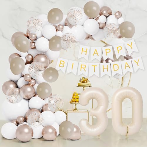 Sand Weiß Gold Luftballons Bogen Kit 30 Geburtstag Party Dekoration, Weiß Gold Luftballons Set Happy Birthday Banner mit Zahl 30 Folienballon für Geburtstag Boho Hochzeitstag Dekoration von Jiusely