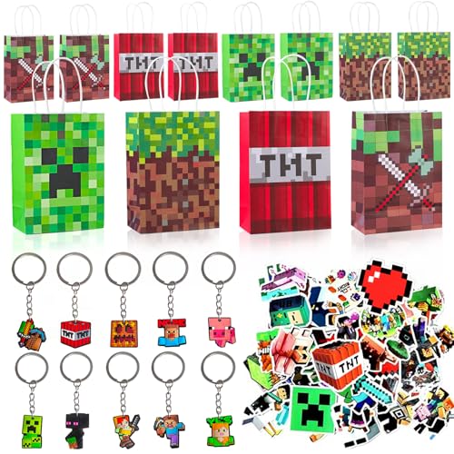 Jiuwtence 72Pcs Spiel Party Mitgebsel, Party Gastgeschenke Kinder, 12Pcs Geschenktüten, 10Pcs Schlüsselanhänger, 50Pcs Videospiele Aufkleber, Gamer Theme Party Zubehör Set für Kinder von Jiuwtence