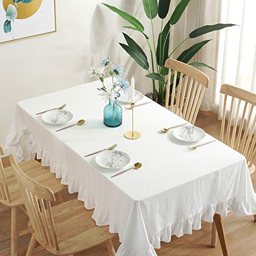 Jjoer Table Cloth Rechteckig Tischtuch Waschbare Tischdecke Leinen ReinweißE RüSche Tischdecke Quadratisch for Tisch Dekoration Esszimmer 140X220,White von Jjoer