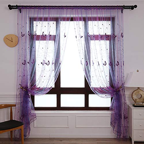 Jjoer Vorhang Transparent Gardinen Wohnzimmer Modern Schmetterlingsdruck Gardinen Weiss Transparent Gardinen Mit Schlaufen Gardinen Weiß for Wohnzimmer 100X270,Purple von Jjoer