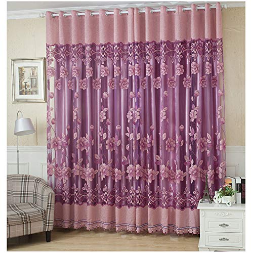 Jjoer Vorhang Transparent Gardinen Wohnzimmer Modern Set Schlaufenvorhang Transparent TüLl-Vorhang Mit Blumen-Motiv Vorhang Leinen for Dekoration Kinderzimmer 100X200,Purple von Jjoer