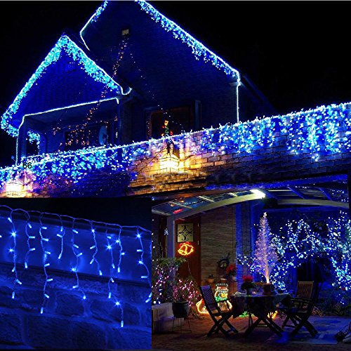 Eiszapfen Weihnachten Lichter Wasserdicht im Freien/Innenbereich. Blau 120 LED 4M breit plus ein massives 10M Anschlusskabel, 8 Modi, niedrige sichere Spannung weißes Kabel (blau, 120LED 4M) von JnDee