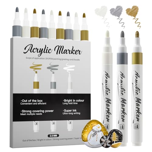 Jnyan Acrylstifte Marker, 9er Pack Acrylmarker, 2-3mm Mittelspitze, Weiß Gold Silber Farbstifte für Kunstprojekte, Zeichnen, Steinmalerei, Holz, Kunststoff, Metall, Leinwand DIY Bastelarbeiten von Jnyan