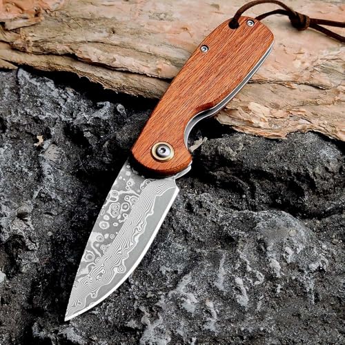 Joa Klein klappmesser damast camping wandern leicht taschenmesser damaskus tanto edc damaststahl messer holzgriff faltbar outdoor messer survival Jagdmesser mini neck knife messer,geschenk für männer von Joa