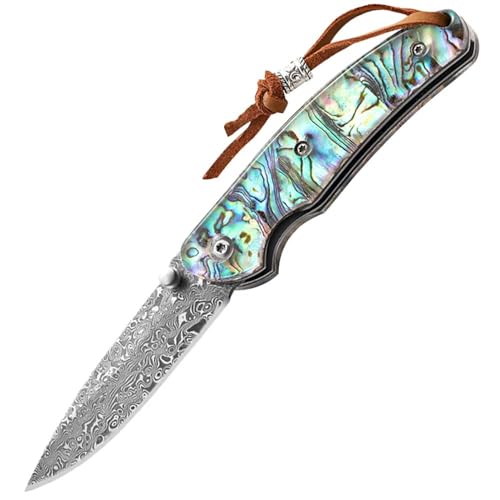 Joa Kleines handliches werkzeug damaskus stahl messer scharf rutschfest bunt Survival Tragbare Camping outdoor messer edc Jagdmesser Leicht taschenmesser Damast Muschel klappmesser flipper damaszener von Joa