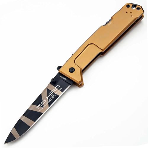 Joa Kleines handliches werkzeug stahl messer scharf rutschfest gold Survival Tragbare Camping outdoor messer edc Jagdmesser taschenmesser lang klappmesser flipper tanto Alu N690,geschenk männer von Joa