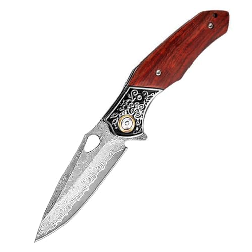 Joa Taschenmesser 7.3" Klappmesser aus Damast Stahl Damaszener & Holzgriff Faltbar Outdoor edc messer Survival Jagdmesser Tanto Scharfes Einhandmesser, Geschenk für männer von Joa