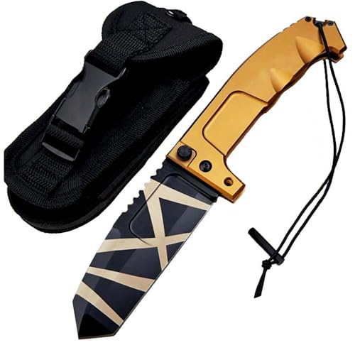 Klappmesser 10.5" Taschenmesser Gold Streifen Aus Edelstahl N690, Alu, Outdoor Survival Messer Camper Jagdmesser Flipper Tanto Scharfes Einhandmesser mit Knopfdruck, edc messer mit Gürtelclip, Scheide von Joa