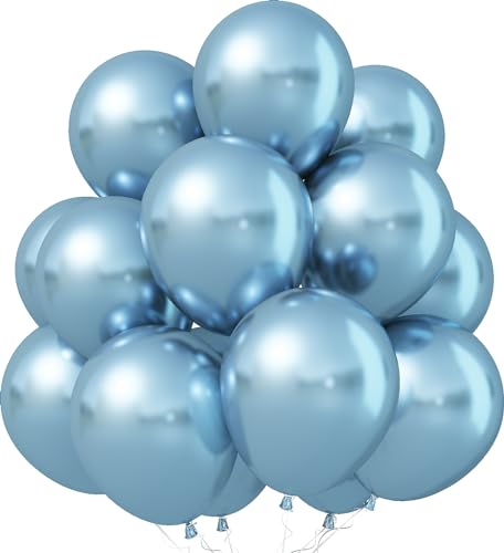 Luftballons Metallic Blau, 30 Stück 12 Zoll Chrom Hellblau Ballons, Glänzend Dickes Baby Pastell Blau Metallisch Latex Helium Partyballon Set für Geburtstag Hochzeit Verlobung Babyparty Taufe Deko von Jobkoo