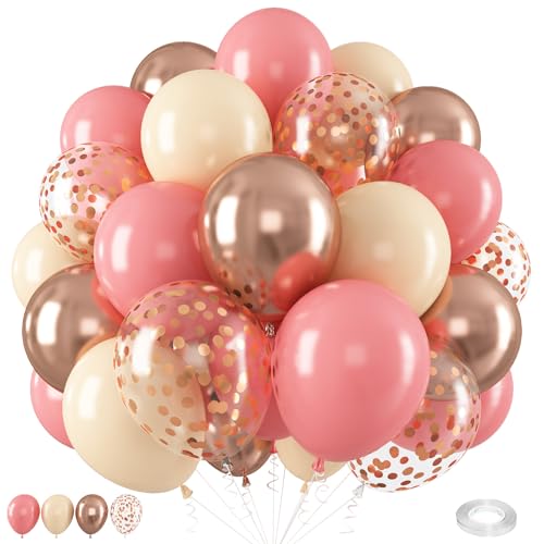 12 Zoll Retro Rosa Luftballons, Rosa Beige Aprikose Latex Helium Luftballon mit Metallic Rosegold Konfetti Party Ballons, Creme Altrosa Luftballons für Mädchen Boho Hochzeit Verlobung Geburtstagsdeko von Jobkoo