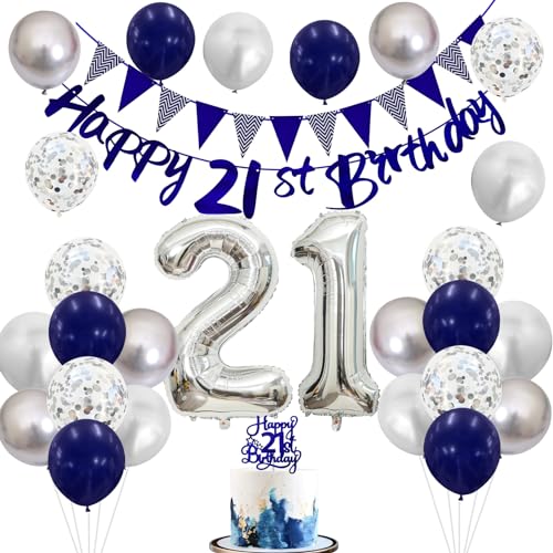 21 Geburtstag Deko Blau Silber Deko 21. Geburtstag Mann Frau mit Banner 21 Geburtstag Girlande Zahl 21 Luftballons 21. Geburtstag Tortendeko Silber Blaue Party Ballons für 21 Jahre Geburtstagsdeko 21 von Jobkoo