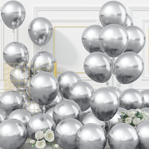 50 Stück Metallic Silber Luftballons, 10 Zoll Chrom Silber Helium Ballons Set,Glänzend Dickes Silber Metallisch Latex Partyballons für Babyparty Hochzeit Verlobung Jubiläum Geburtstag Party Dekoration von Jobkoo