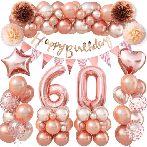 60 Geburtstag Frau Deko,Rosegold Deko 60 Geburtstag Frau Geburtstagsdeko 60 Geburtstag Frauen mit 60 Geburtstag Luftballons Happy Birthday Banner 60. Geburtstag Deko für 60 Jahre Geburtstag Dekoration von Jobkoo