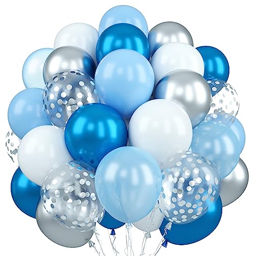 60 Stück Luftballons Blau Weiss, 12 Zoll Matellic Blau Silber Weiß Latex Party Ballons mit Peal Pastell Hellblau Ballon Silber Konfetti Helium Luftballon für Geburtstags Jungen Babyparty Hochzeit Deko von Jobkoo