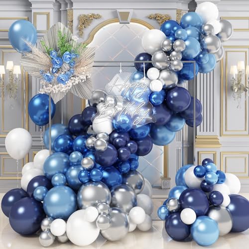 Ballon Girlande Blau Silber Weiß, Luftballon Girlande Dunkel Marine Blau Weiss Metallic Silber Metallisch Blau Hellblau Latex Ballongirlande für Jungen Männ Geburtstag Babyparty Abschluss Party Deko von Jobkoo