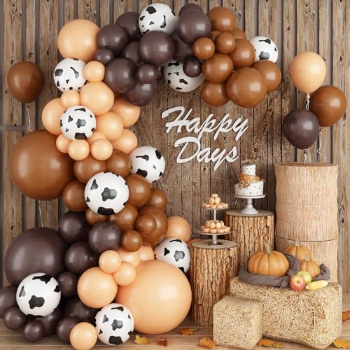 Ballon Girlande Braun Beige, 128 Stück LuftBallon Girlande Kuh, Bauernhof Geburtstag Deko mit Luftballon Kuh Druck Ballons Apricot Khaki, Latex Ballonbogen für Geburtstag Western Cowboy Party Deko von Jobkoo