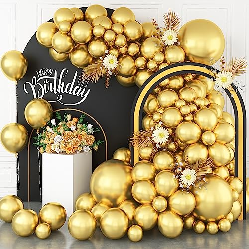 Ballon Girlande Gold, 113 Stück Goldene Luftballon Girlande Metallic Gold Latex Helium Ballons 18 Zoll 12 Zoll 10 Zoll 5 Zoll Golden Chrome Party Luftballons Set für Geburtstag Hochzeit Babyparty Deko von Jobkoo