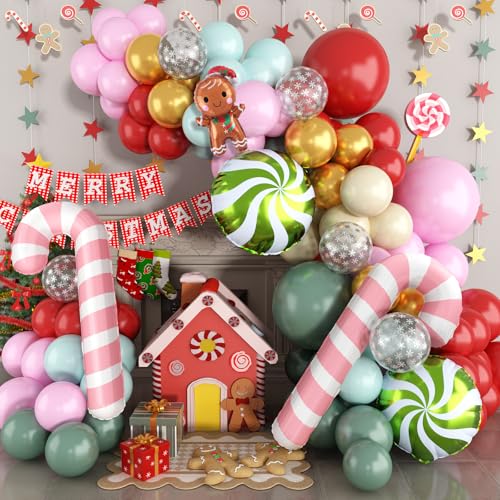 Weihnachten Luftballon Girlande, Rosa Grün Weihnacht Ballon Girlande mit Salbeigrün Sand Rot Ballon, Weihnachtszuckerstange Candy Folienballons für Weihnachten Weihn Xmas Christmas Birthday Decoration von Jobkoo