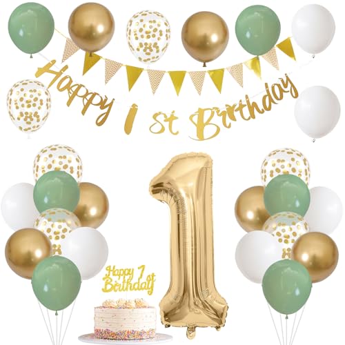 Deko 1. Geburtstag Junge Mädchen Salbeigrüne Geburtstag Deko 1 Jahr mit Girlande 1. Geburtstag Banner Zahl Luftballons 1. Geburtstag Tortendeko Grün Weiß Gold Party Ballons für Geburtstagsdeko 1 Jahr von Jobkoo