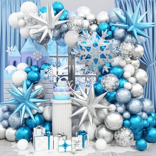 Frozen Geburtstagsdeko Luftballon Girlande, Weiß Silber Ballons mit Schneeflocken Mylar Star Folienballons Silber Blau Metallic Ballon, Weiß Silber Blaue Ballons für Winter Wonderland Mädchen von Jobkoo