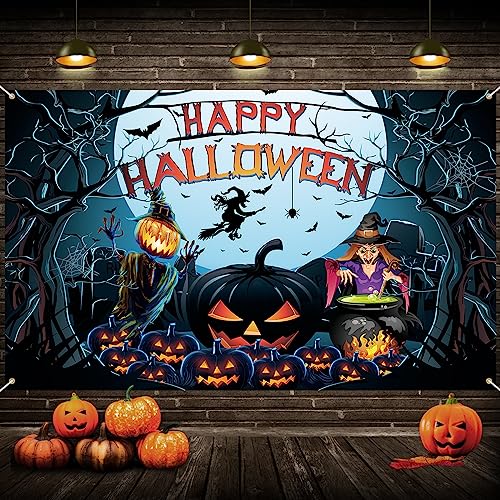 Halloween Banner Deko, Extra Großes Happy Halloween Hintergrund Banner Kürbis Schläger Hexen Fotohintergrund Halloween Hängende Schild Yard Banner für Halloween Party Dekoration Garten Indoor Outdoor von Jobkoo