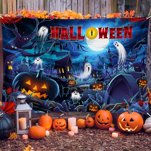 Halloween Banner Deko, Großes Halloween Hintergrund Geist Banner, Blau Kürbis Grabstein Fotohintergrund Halloween Schild Yard Hängende Banner für Halloween Party Dekoration Garten Indoor Outdoor von Jobkoo