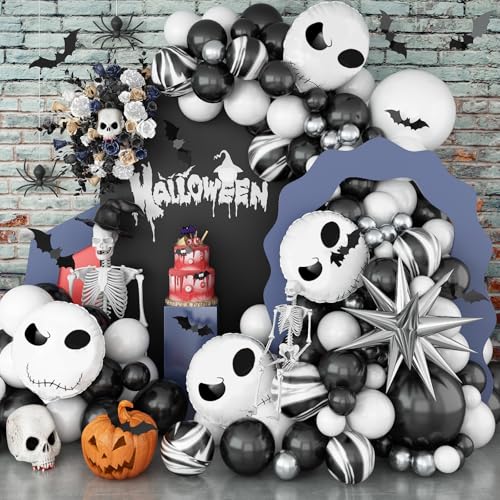 Halloween Party Deko Ballon Girlande, Schwarz und Weiß Halloween Luftballon Girlande Set mit Silber Explodierender Stern Totenkopf Folienballons für Kinder Halloween Party Dekoration Horror Gruselig von Jobkoo