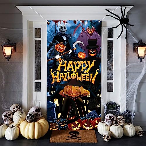 Halloween Tür Banner, Happy Halloween Banner Deko Horror Türabdeckung Banner, Größe Gruselig Halloween Poster Schild Hintergrund Banner Outdoor für Türdeko Veranda Haustür Halloween Party Dekoration von Jobkoo