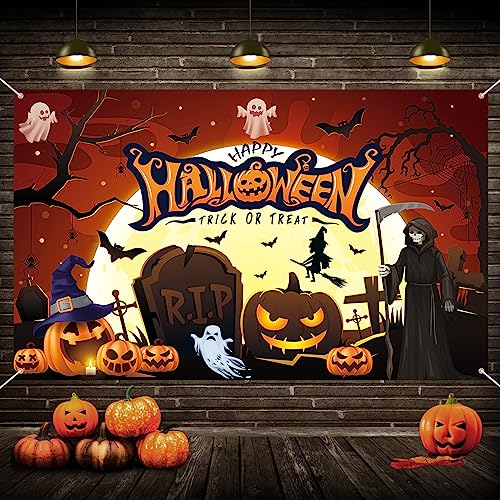 Happy Halloween Banner, Halloween Banner Trick or Treat Deko, Kürbis Halloween Hintergrund Banners Outdoor Fotohintergrund Halloween Hängende Schild Yard Banner für Gruselig Halloween Party Dekoration von Jobkoo