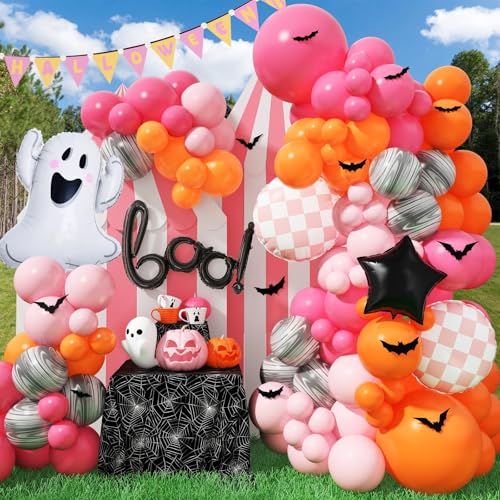 Jobkoo Halloween Ballon Girlande Happy Halloween Deko Rosa Luftballon Girlande Boo Gespenst Fledermaus Stern Folienballons Pink Orange Latexballons für Kinder Halloween Geburtstag Babyshowerparty Deko von Jobkoo