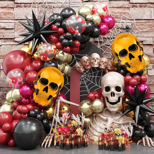 Jobkoo Halloween Luftballon Girlande Happy Halloween Deko Schwarz Rot Gold Latex Ballons Girlande mit Blutige Skelett Schädel Stern Folienballon für Kinder Gruselig Halloween Party Geburtstagsdeko von Jobkoo