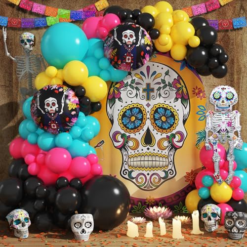 Jobkoo Dia De Los Muertos Deko Halloween Ballon Girlande Tag der Toten Luftballon Girlande Sugar Skull Skelett Folienballon Mexiko Bunt Latex Ballons Set für Halloween Deko Mexikanische Indoor Outdoor von Jobkoo