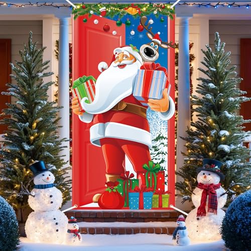 Jobkoo Weihnachten Tür Abdeckung Dekoration Türbanner Weihnachten Deko Weihnachtsmann Tür Hängen Hintergrund Banner Rot Frohe Weihnachten für Outdoor Indoor Haus Silvester Neujahr Party Deko 90x185 cm von Jobkoo