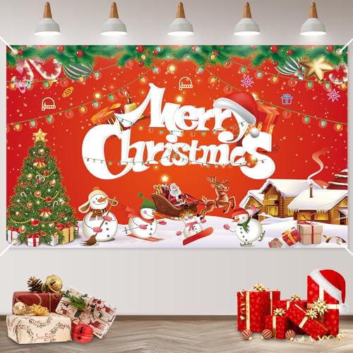 Weihnachtsbanner Outdoor, Groß Rot Banner Weihnachten Weihnachtsmann Schneemann Baum Realistisch Frohe Weihnachten Deko Hintergrund Banner Weihnachtsfeier Fotohintergrund für Haus Wand Christmas Deko von Jobkoo