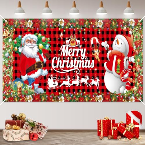 Weihnachten Banner Dekoration, Rot Schwarz Plaid Weihnachtsmann Schneemann Frohe Weihnachten Hintergrund Banner Extra Große Weihnachtsbanner für Drinnen Draußen Merry Christmas Party Garten Wand Deko von Jobkoo