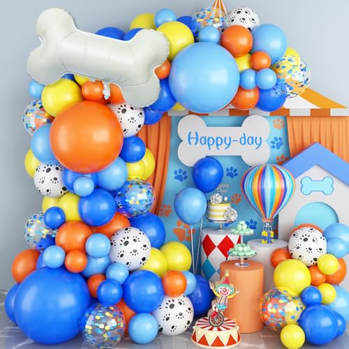 Luftballon Girlande Blau, 105 Pcs Hund Thema Geburtstag Deko mit Ballon Girlande Pfote und Blau Orange Konfetti Luftballons, Pfote Gedruckt Knochen Folienballon, Ballons Blau Orange für Party Deko von Jobkoo