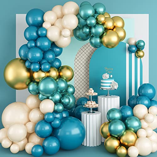 Luftballon Girlande Türkis Blau Gold, 105 Pcs Doppelschichten Ballon Girlande Beige Türkis mit Luftballons Metallic Grün Metallic Gold, Ballons Apricot Nude für Hochzeit Geburtstag Babyparty Deko von Jobkoo