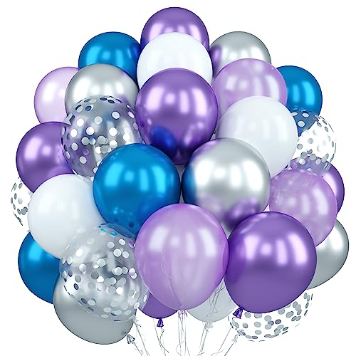 Luftballons Blau Lila Silber, 60 Stück Frozen Metallic Lila Blau Silber Weiß Party Ballons, 12Zoll Perl Lila Silber Konfetti Helium Latexballons für Mädchen Geburtstag Babyparty Weihnachten Party Deko von Jobkoo