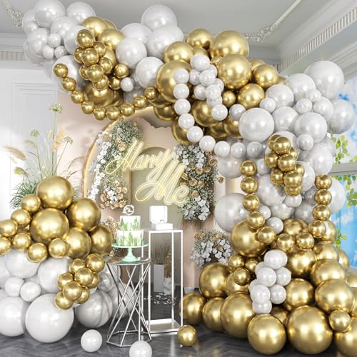 Luftballons Girlande Gold Weiß, Metallic Chrom Hell Gold Weiss Ballon Girlande, Luftballon Perlweiss Gold Party Latex Ballons für Geburtstag Babyparty Hochzeit Abschluss Silvester Party Dekoration von Jobkoo