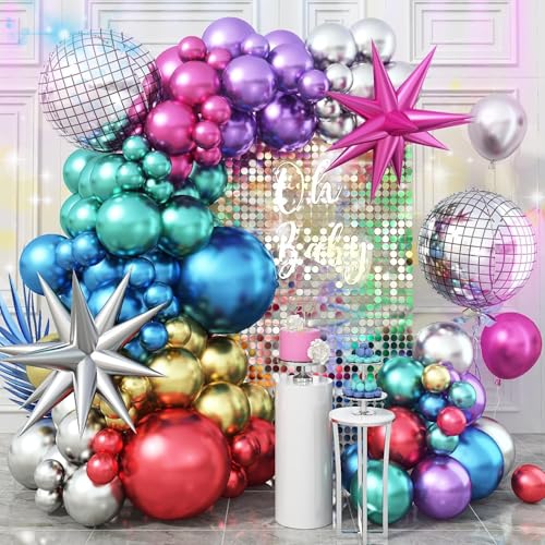 Luftballons Metallic 80er 90er Jahre Party Deko Retro Disco Mottoparty Ballon Girlande Set mit Chrom Bunt Ballons mit Discoball Explosion Stern Folienballons für 80er 90er Neon Geburtstag Galaxie Deko von Jobkoo