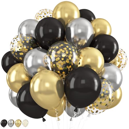 Luftballons Schwarz Gold Silber, 12 Zoll Metallic Silber Gold Schwarz Helium Luftballon mit Golden Konfetti Latex Party Ballons für Abschluss Geburtstag Jahrestag Hochzeit Verlobungs Party Dekoration von Jobkoo