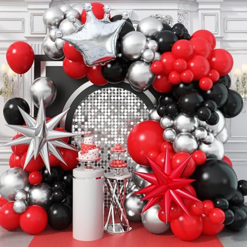 Jobkoo Luftballon Girlande Schwarz Rot Silber, 115 Stück Casino Deko Ballon Girlande Set mit 18 Zoll Krone Explosion Star Folienballon, Las Vegas Deko mit Latex Ballons für Kasino Nacht Dekorations von Jobkoo