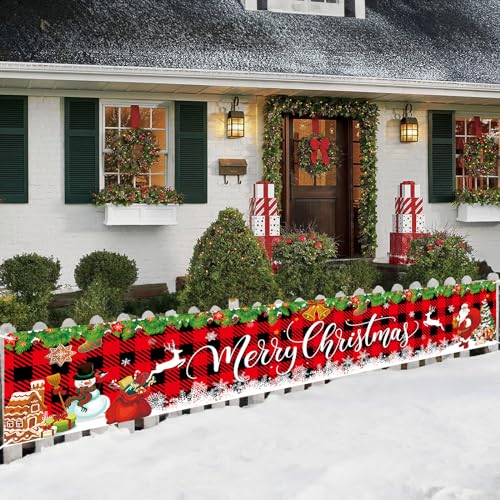 Weihnachtsbanner Outdoor, Banner Weihnachten mit Rot Schwarz Kariertes im Freien, Großes Frohe Weihnachten Banner Schild, Merry Christmas Banner mit Santa Claus Schneemann Hintergrund weihnachtsdeko von Jobkoo