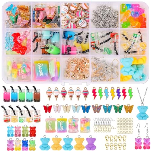 Jodimitty 180 Stück Charms Anhänger Set Schmuck Selber Machen Set Bubble Tea Anhänger Bär Sweet Süßigkeiten Schmetterling Charms Halsketten Schlüsselanhänger Coole Sachen für Teenager Mädchen von Jodimitty