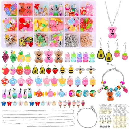 Jodimitty 228 Stück Charms Anhänger Blume Avocado Erdbeere Kirsche Pilz Charms Set für Ohrringe Halsketten Armband, Bubble Tea Bär Schmetterling Schmuck Anhänger, DIY Geschenk für Mädchen(18 Farben) von Jodimitty