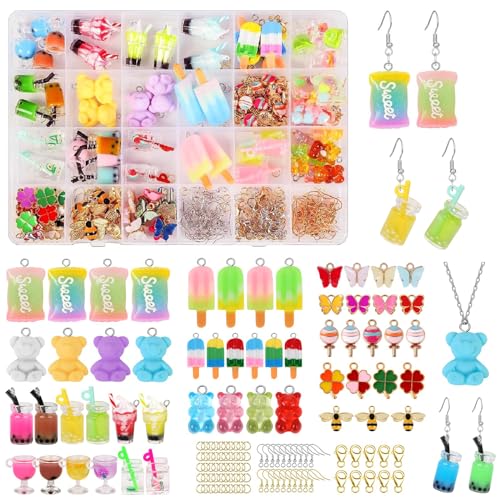 Jodimitty 245 Stück Ohrringe Selber Machen Set Bubble Tea Anhänger Sweet Candy Bär Kleeblatt Charms Anhänger Set für Halsketten Ohrringe Schmuck Selber Machen Set DIY Schlüsselanhänger Coole Sachen von Jodimitty