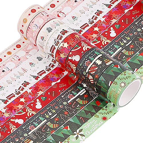 10 Rollen Weihnachten Washi Tape Set,15mm Washi Masking Tape Dekorative Klebeband Papier Dekoband Masking Tape dekorativ Klebeband Dekoratives Klebeband Goldprägung Weihnachten Dekoratives Washi Tape von Jodsen