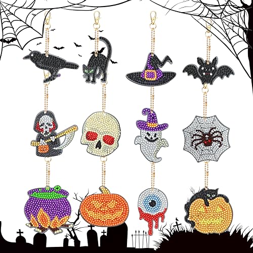 12 Pcs Halloween Diamant Malerei Schlüsselanhänger Kit 5d DIY Ghost Kürbis Diamant Strass Mosaik Malerei Schlüsselringe Fledermauskreuz Kunst Handwerk Diamant Malerei Kits für Geldbeutel Key Case von Jodsen