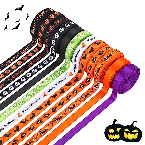 12 Rollen Halloween Satinband,54m Halloween Geschenkband,Geist Kürbis Fledermaus Spinne Schleifenband,Satin Dekoband Geschenkverpackung,Basteln Grosgrain Bänder Dekoband für Halloween Party DIY Dekor von Jodsen