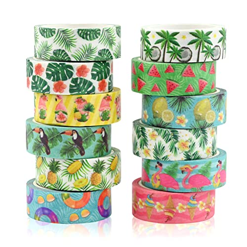 12 Rollen Hawaiian Washi Tape Set,Dekorative Masking Tapes Aloha Flamingo Aufkleber Selbstklebendes Klebeband für Tropische Themenparty Kunst Handwerk DIY Scrapbook Geschenk Verpackung Dekorationen von Jodsen